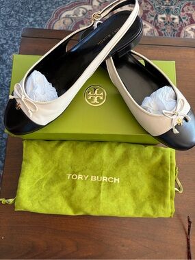 Tory Burch Two-Tone White & Black Slingback Ballet Flats